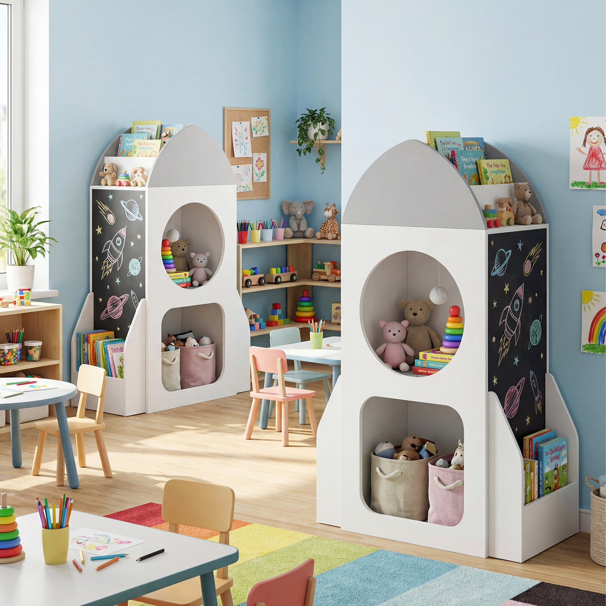 Two rocket themed bookshelves in a playroom filled with toys and books