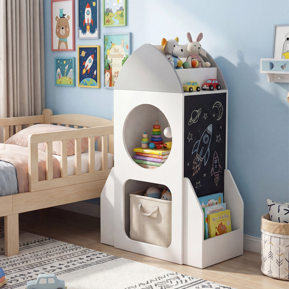 White rocket bookshelf filled with toys and books in a child's bedroom