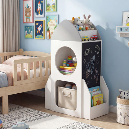 White rocket bookshelf filled with toys and books in a child's bedroom