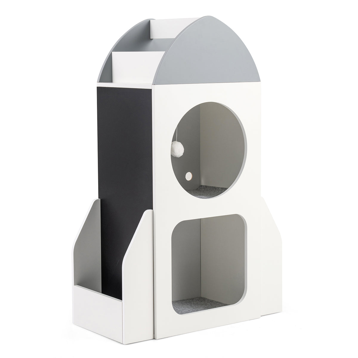 3-Tier Kids Bookshelf Rocket Space Theme Toddler Toy Storage Organizer with chalkboard in white and grey