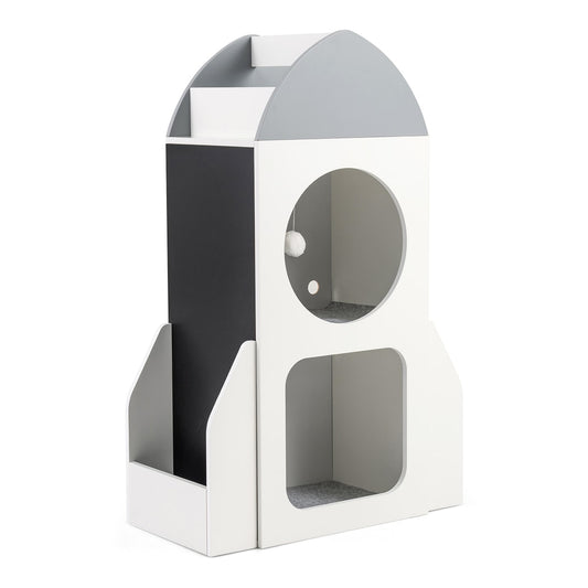 3-Tier Kids Bookshelf Rocket Space Theme Toddler Toy Storage Organizer with chalkboard in white and grey