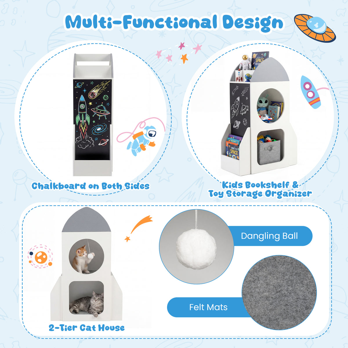 Multi-functional design of the rocket bookshelf with chalkboard and storage compartments