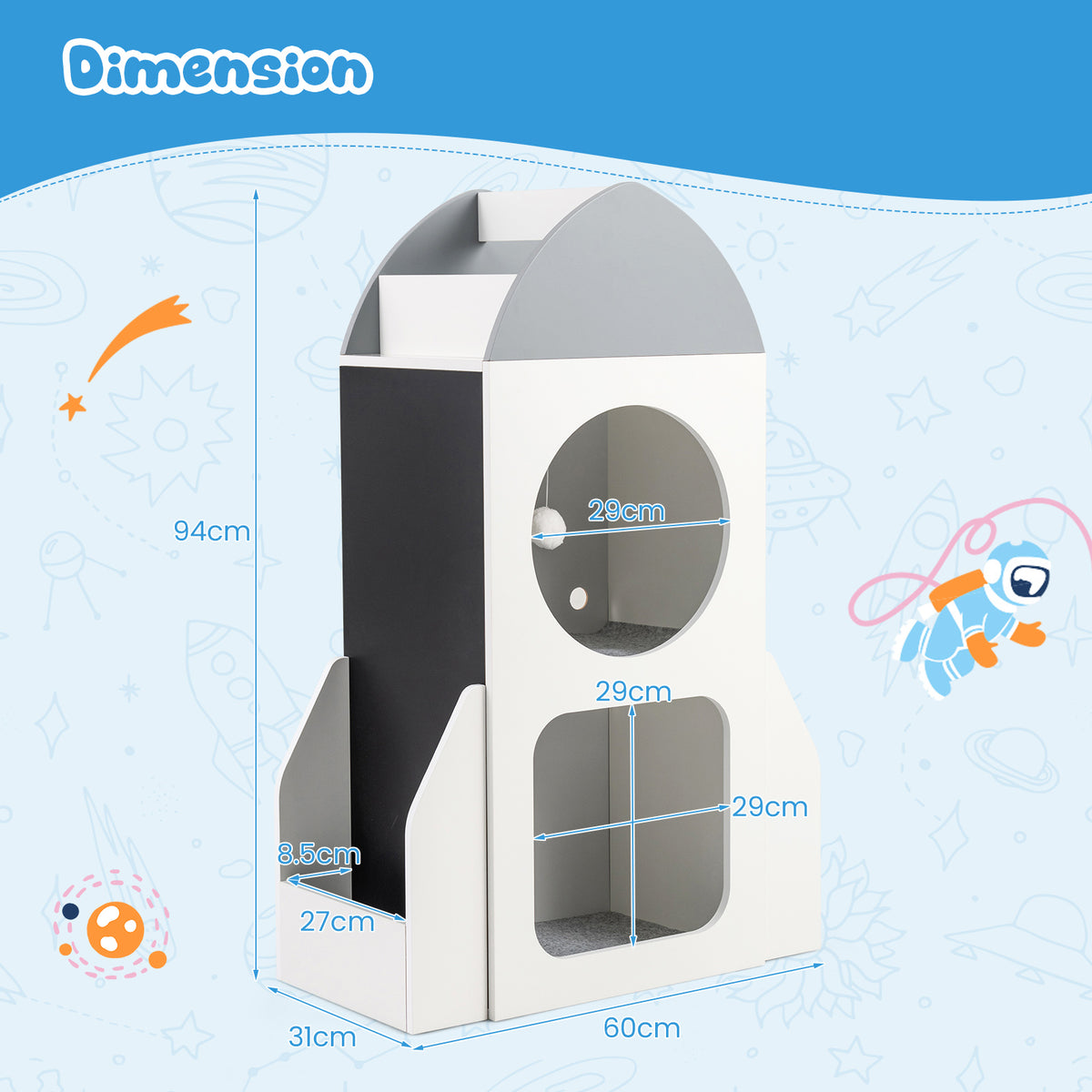 Dimension diagram of the white and grey rocket bookshelf