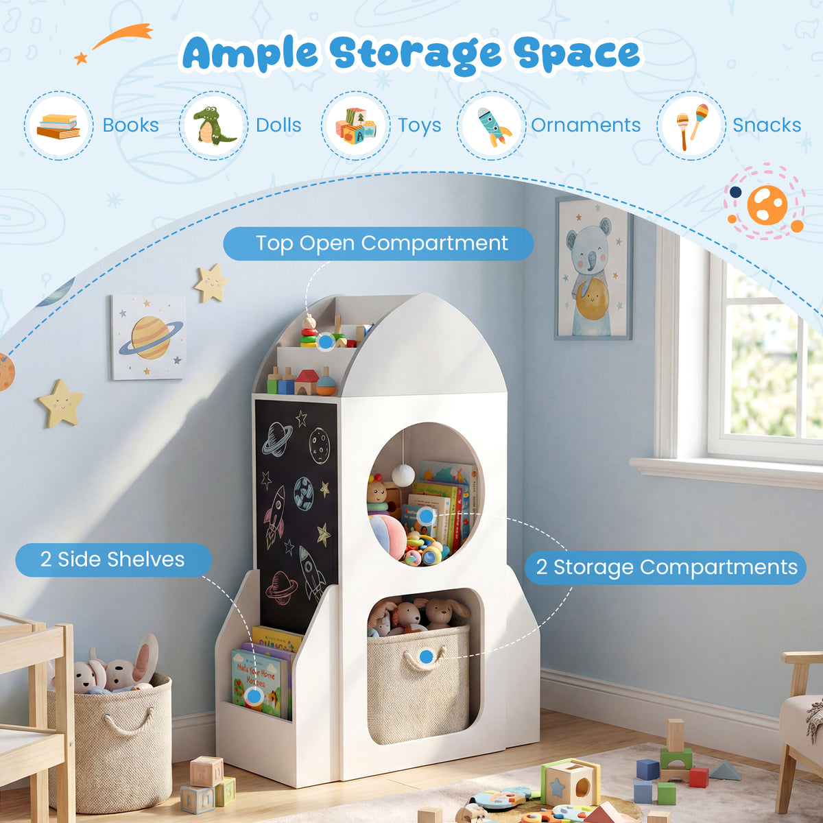Ample storage space in the white and grey rocket bookshelf with books, dolls, and toys