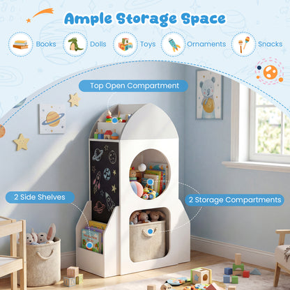 Ample storage space in the white and grey rocket bookshelf with books, dolls, and toys