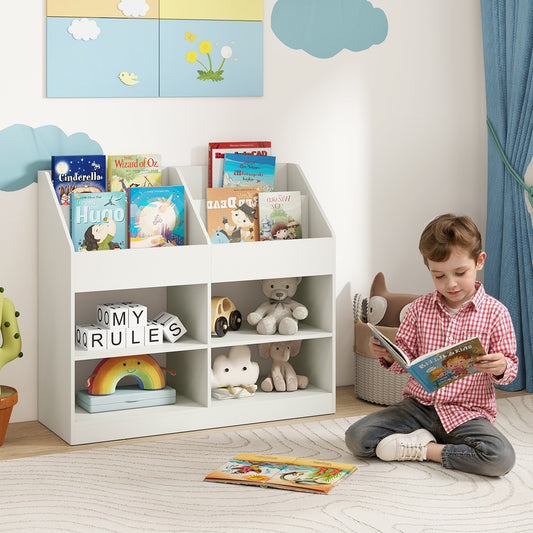 This white kids bookshelf is shown in a child's room with a boy reading a book next to it