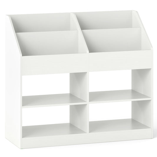 3-Tier Kid's Bookshelf with display rack and 4 compartments in white