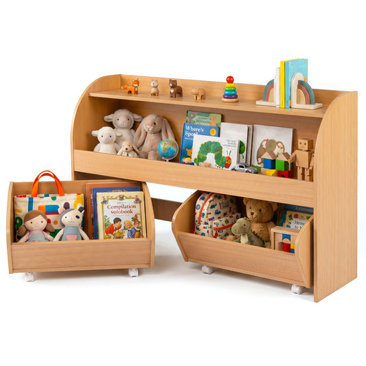 3-Tier Kids Toy Storage Organizer with two rolling drawers filled with books and soft toys