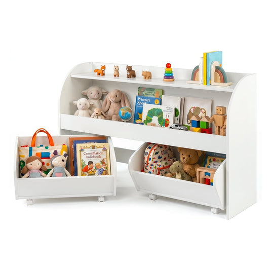 3-Tier Kids Toy Storage Organizer with 2 rolling drawers and bookcase for kids room in white