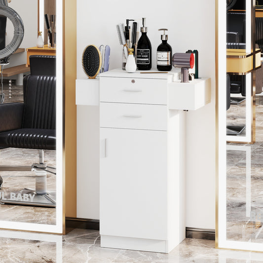 White salon storage cabinet with drawers and hair dryer holders in a salon setting