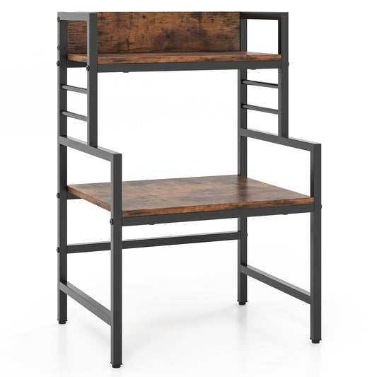 3 Tier Microwave Stand with Storage Shelves featuring a rustic brown finish and black metal frame