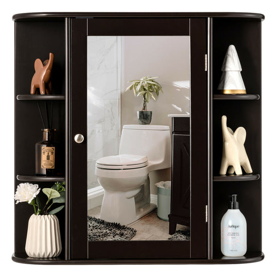 3-Tier Mirrored Wall Mounted Bathroom Cabinet with side shelves and decorative items