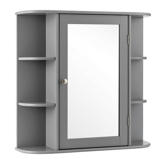 3-Tier Mirrored Wall Mounted Bathroom Cabinet in grey with one mirrored door and open shelves on the sides