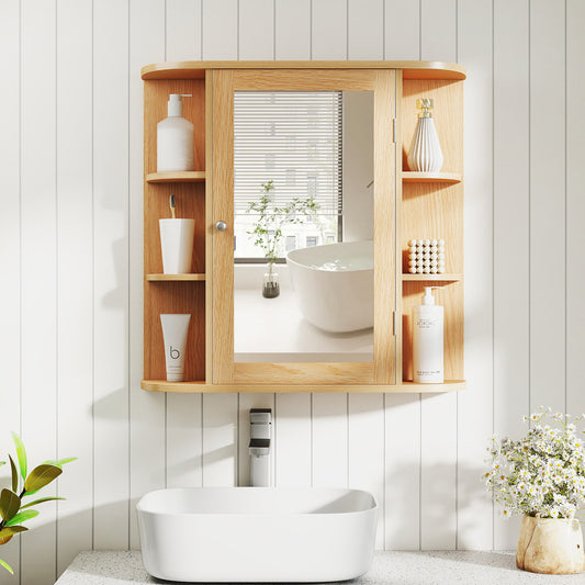 Wall cabinet with mirrored door and shelves, shown above a sink