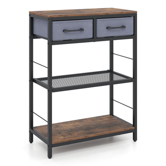 3-Tier Narrow Console Table with rustic brown wood effect shelves and grey fabric drawers