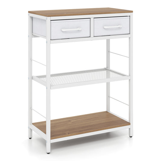 3-Tier Narrow Console Table with a wooden top, white frame, two fabric drawers and open shelves