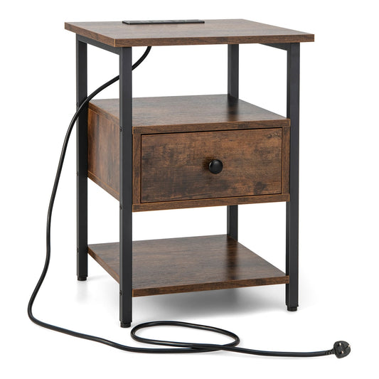3-Tier Nightstand with Charging Station Open Shelves and Drawer-Brown with a long black power cable