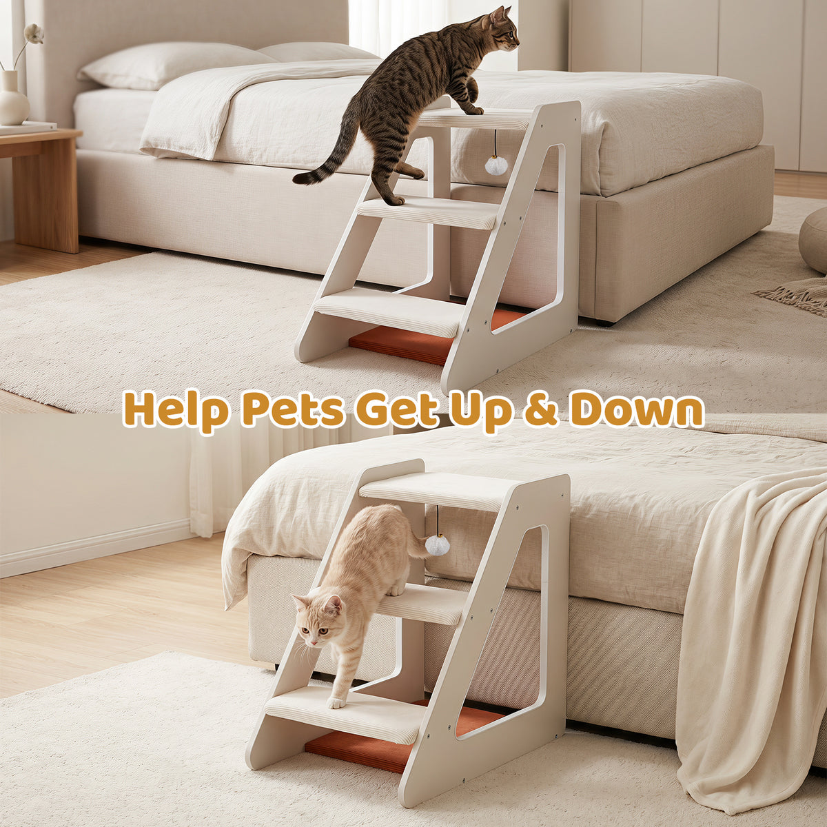 Cats using the white pet steps to get onto a bed