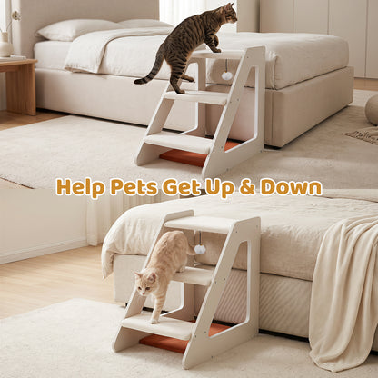 Cats using the white pet steps to get onto a bed