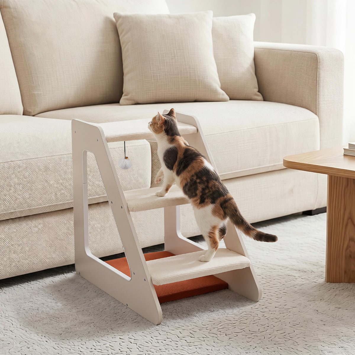 A cat climbing the white pet steps with a corduroy surface next to a sofa