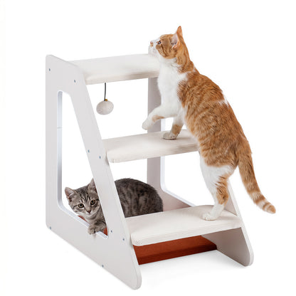 Two cats using the white pet steps with a corduroy surface