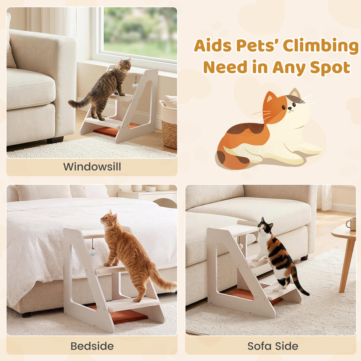 White pet steps shown in different home locations