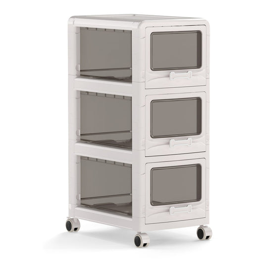 3-Tier Plastic Drawer Storage Organizer Rolling Cart with three stacked drawers on wheels