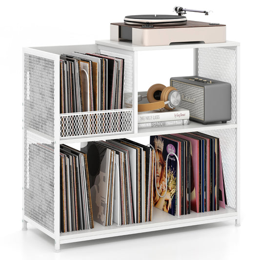 3-Tier Record Player Stand holding vinyl records, a turntable, headphones and books on white shelves
