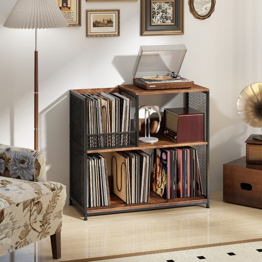 the brown record storage unit with a turntable on top and vinyl records organised on the shelves