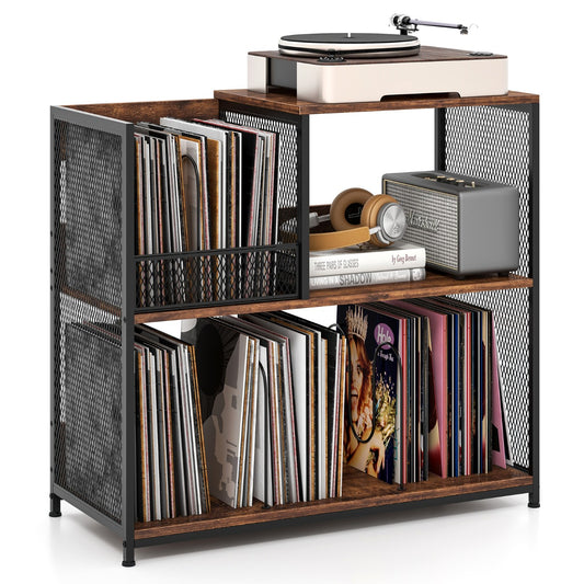 3-Tier Record Player Stand holding vinyl records and audio equipment on its shelves