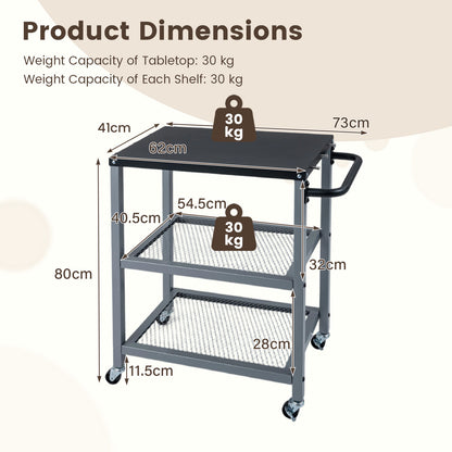 Product dimensions diagram showing the height, width, and depth of the kitchen island cart