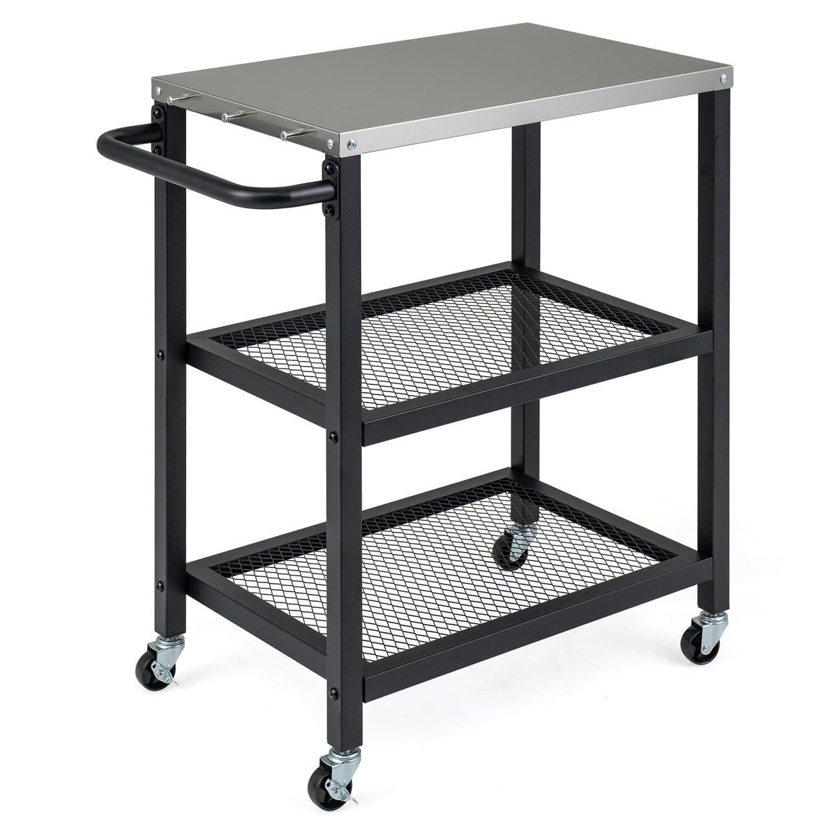 3-Tier Rolling Grill Cart with stainless steel top and hanging posts in black