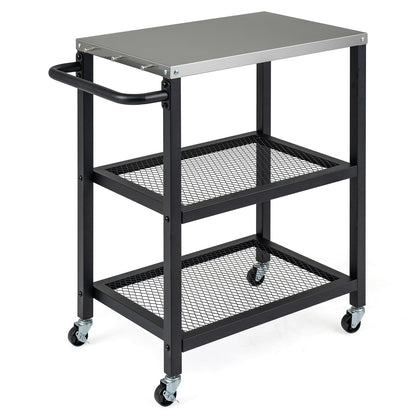 3-Tier Rolling Grill Cart with stainless steel top and hanging posts in black