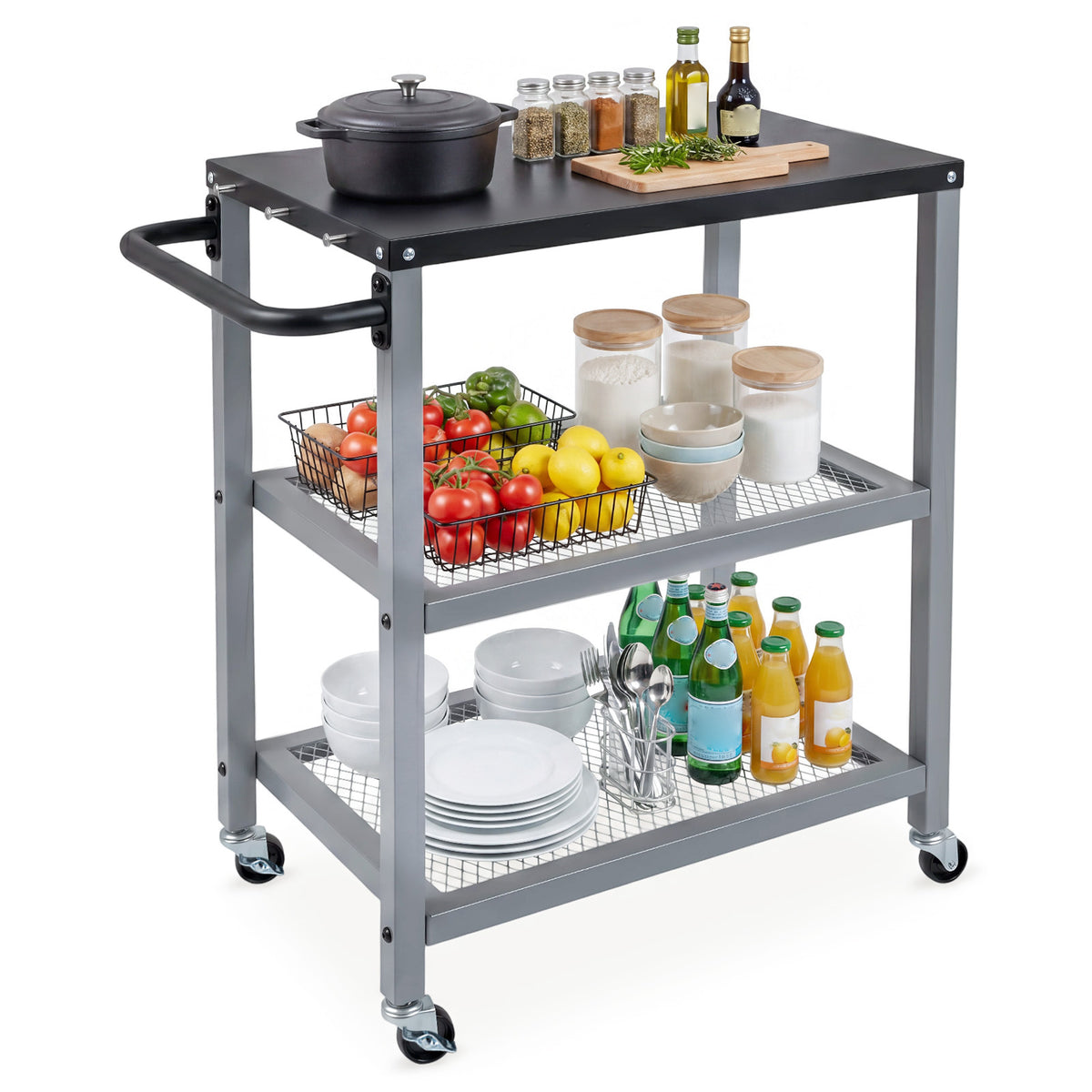 The kitchen island cart is filled with food and drinks, ready for a meal or party
