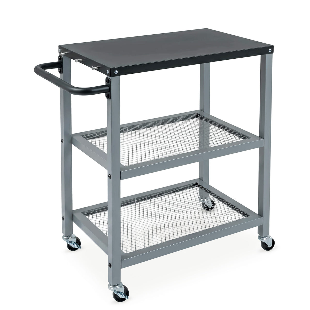 3-Tier Rolling Grill Cart with stainless steel top and hanging posts in silver