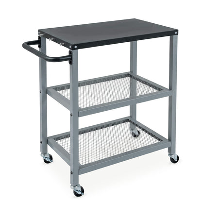 3-Tier Rolling Grill Cart with stainless steel top and hanging posts in silver