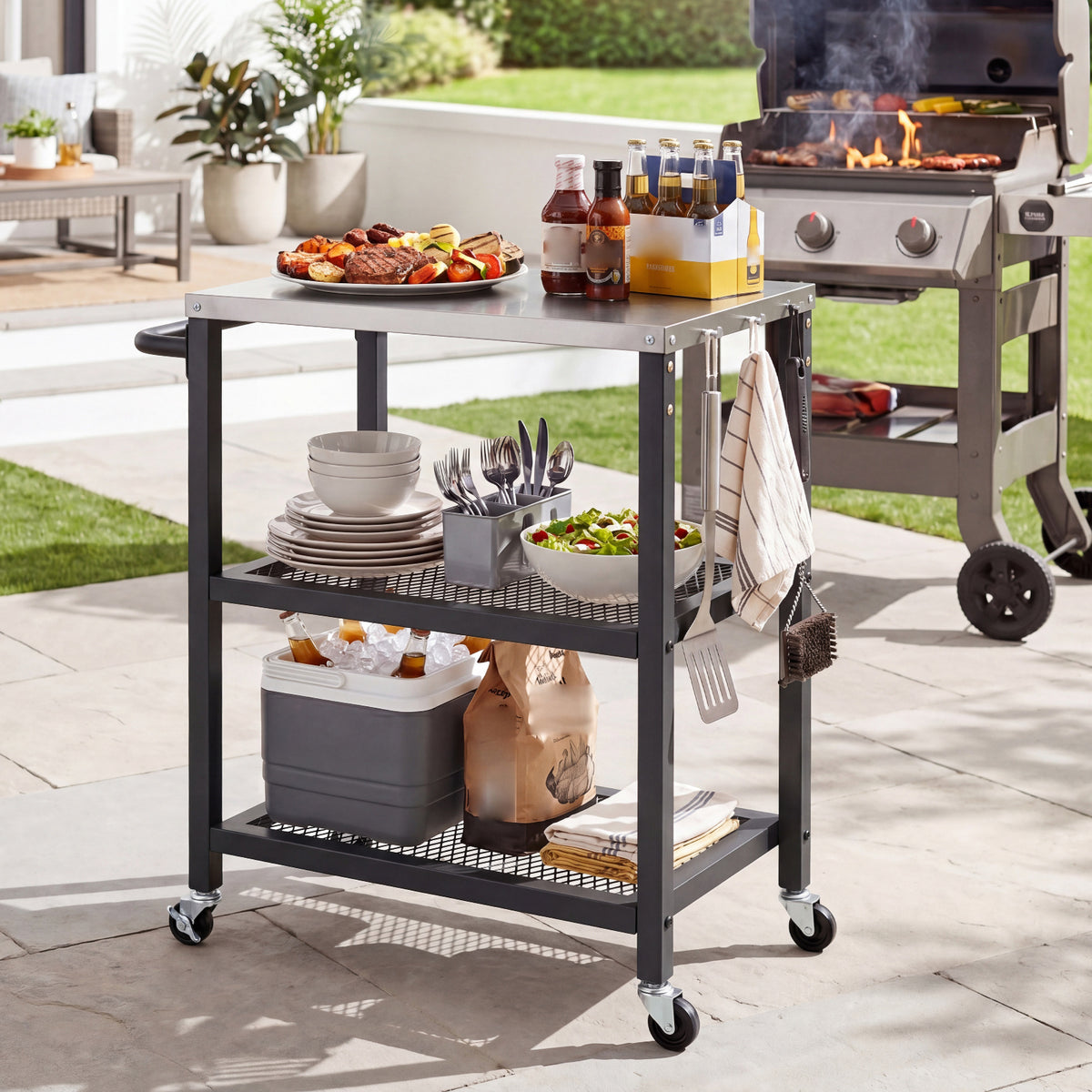 The rolling grill cart with a stainless steel top, used for an outdoor barbecue
