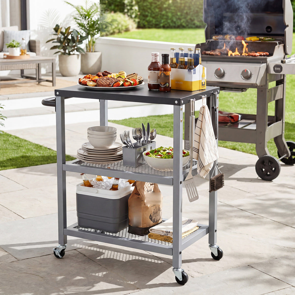 The rolling grill cart is set up outdoors next to a barbecue, laden with food and drinks