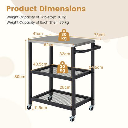 Product dimensions for the 3-tier rolling grill cart, showing height and shelf depth