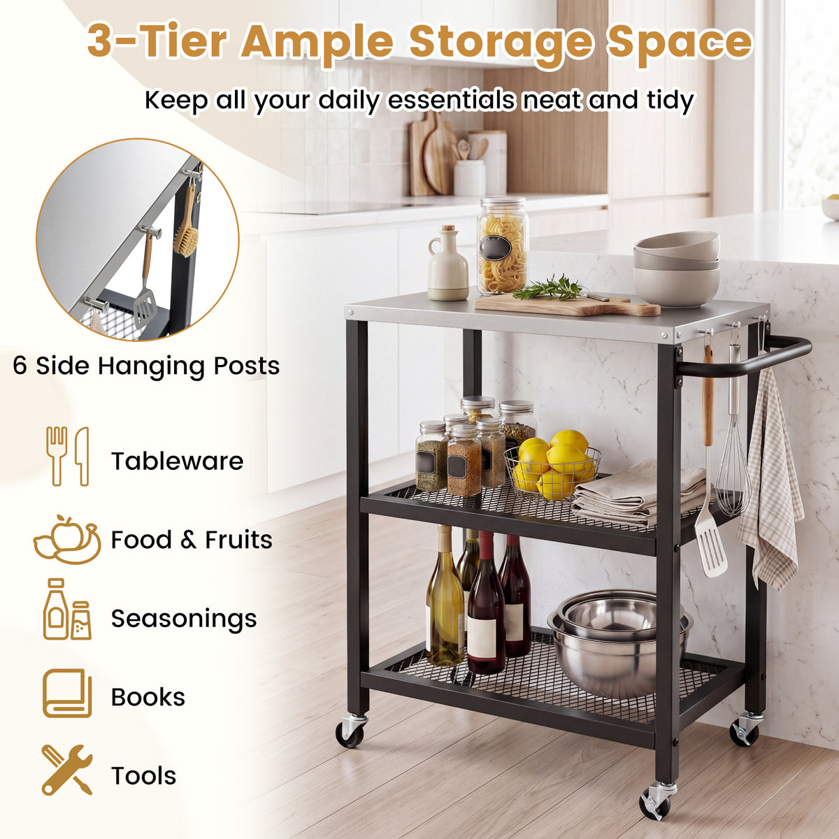 3-Tier Ample Storage Space for the kitchen cart, showing hanging posts and storage areas