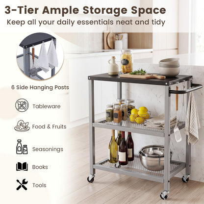 The three-tier rolling grill cart features a stainless steel top and six side hanging posts for storage