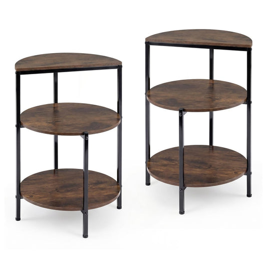 3-Tier Round Side Table Set of 2 with storage shelves and metal frame