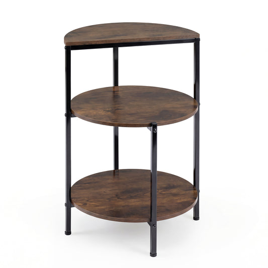 3-Tier Round Side Table with rustic brown shelves and black metal frame