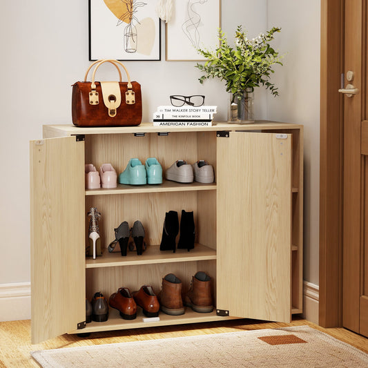 The shoe storage cabinet with doors open, showing shoes on shelves