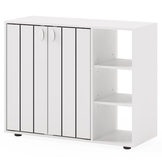 3-Tier Shoe Cabinet with Doors and Adjustable Open Shelves, a white unit with two doors and three open shelves