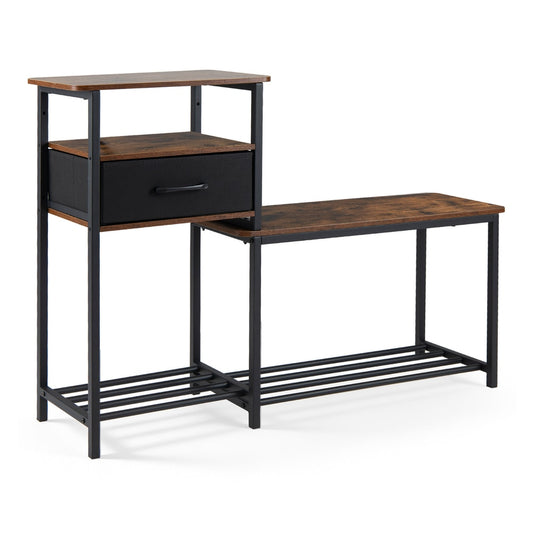 3-Tier Shoe Rack Bench with a black metal frame, wooden shelves and a fabric storage drawer