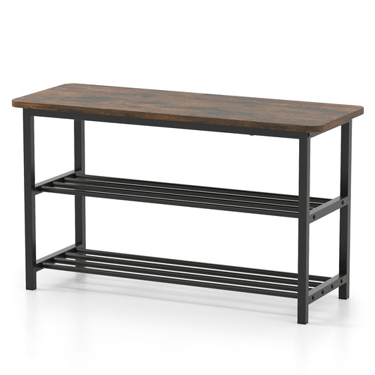 3-Tier Shoe Storage Bench with metal slat shelves and a rustic brown wooden seat