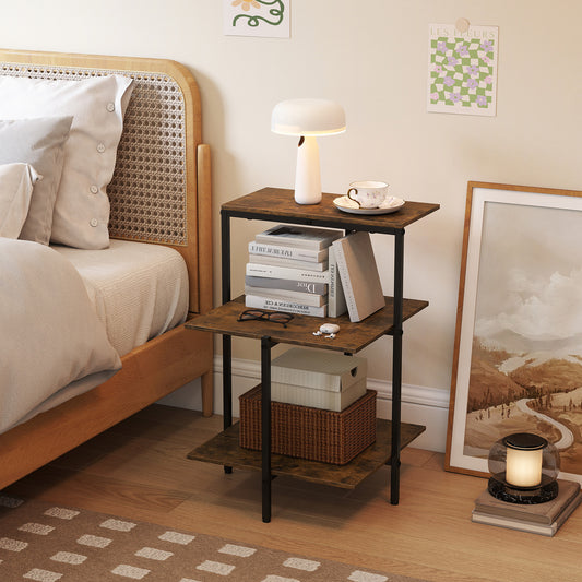 The end table placed beside a bed with a lamp and books on the shelves in a bedroom