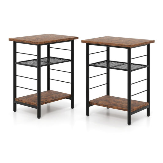 3-Tier Side Table with Height Adjustable Metal Mesh Shelf in rustic brown