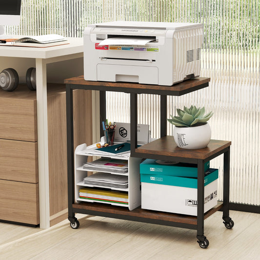 The side table holding a printer and office supplies next to a desk in a home office